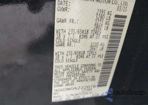 2015 Nissan Murano Sv z USA, uszkodzony, nr VIN 5N1AZ2MH5FN222076